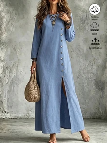 Omancia Button Front Split Thigh Dress - Blue - View 6