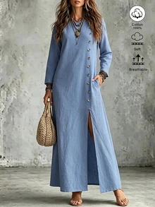 Omancia Button Front Split Thigh Dress - Blue - View 3