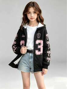 SHEIN 黑白豹紋青少年女孩休閒 Y2K 開學季秋季拉鍊連帽外套 大學風蝴蝶結數字圖案夾克 - 黑色 - 查看 4