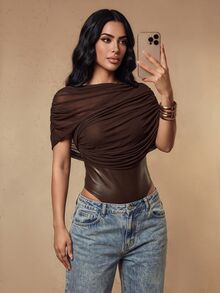 Silquee 女款優雅通勤抓皺拼接連身衣 - 棕色 - 查看 8