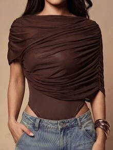 Silquee 女款優雅通勤抓皺拼接連身衣 - 棕色 - 查看 3