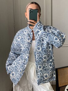 DAZY Allover Print Drop Shoulder Puffer Coat Everyday Travel White Winter Vintage Casual Jacket - Blue - View 1