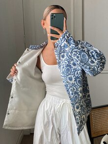 DAZY Allover Print Drop Shoulder Puffer Coat Everyday Travel White Winter Vintage Casual Jacket - Blue - View 5