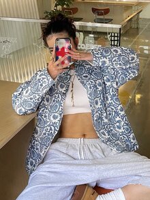 DAZY Allover Print Drop Shoulder Puffer Coat Everyday Travel White Winter Vintage Casual Jacket - Blue - View 11
