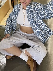 DAZY Allover Print Drop Shoulder Puffer Coat Everyday Travel White Winter Vintage Casual Jacket - Blue - View 9