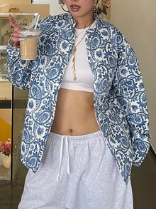 DAZY Allover Print Drop Shoulder Puffer Coat Everyday Travel White Winter Vintage Casual Jacket - Blue - View 8