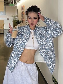 DAZY Allover Print Drop Shoulder Puffer Coat Everyday Travel White Winter Vintage Casual Jacket - Blue - View 12