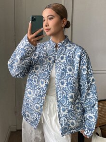 DAZY Allover Print Drop Shoulder Puffer Coat Everyday Travel White Winter Vintage Casual Jacket - Blue - View 2