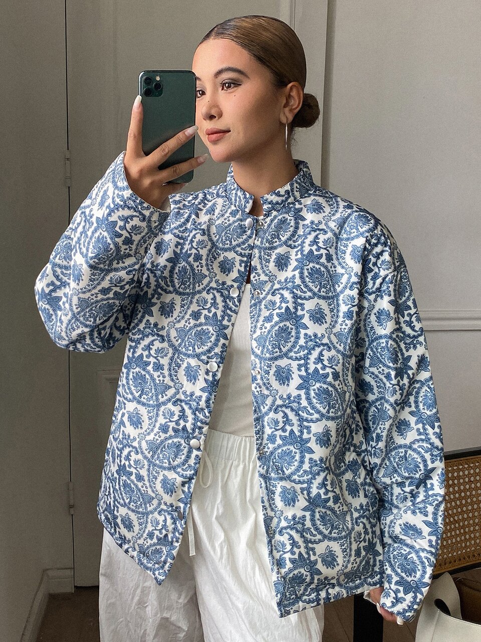Allover Print Drop Shoulder Puffer Coat Everyday Travel White Winter Vintage Casual Jacket
