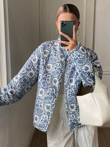 DAZY Allover Print Drop Shoulder Puffer Coat Everyday Travel White Winter Vintage Casual Jacket - Blue - View 3