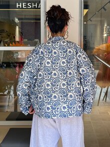 DAZY Allover Print Drop Shoulder Puffer Coat Everyday Travel White Winter Vintage Casual Jacket - Blue - View 7