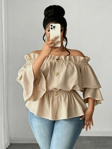 Maweii Plus Size Casual & Commute Solid Color Off Shoulder Ruffle Blouse Fall - Khaki - View 6