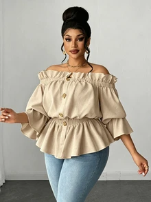 Maweii Plus Size Casual & Commute Solid Color Off Shoulder Ruffle Blouse Fall - Khaki - View 8