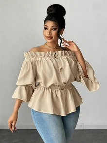 Maweii Plus Size Casual & Commute Solid Color Off Shoulder Ruffle Blouse Fall - Khaki - View 2