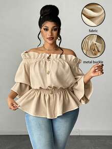 Maweii Plus Size Casual & Commute Solid Color Off Shoulder Ruffle Blouse Fall - Khaki - View 1