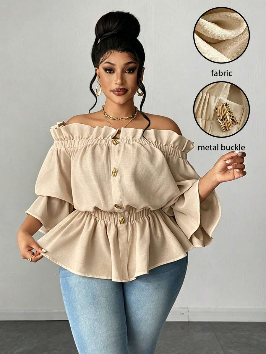 Maweii Plus Size Casual & Commute Solid Color Off Shoulder Ruffle Blouse Fall - Khaki - View 1