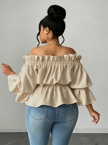 Maweii Plus Size Casual & Commute Solid Color Off Shoulder Ruffle Blouse Fall - Khaki - View 3