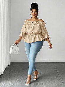 Maweii Plus Size Casual & Commute Solid Color Off Shoulder Ruffle Blouse Fall - Khaki - View 4