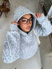 青少年女孩復古美式豹紋休閒寬鬆長袖秋冬衛衣 - 白色 - 查看 6