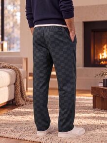 Manfinity CasualKnits 男士棋盤格圖案口袋彈性腰休閒長褲 節慶款 男孩秋冬日常新款 - 黑色 - 查看 2
