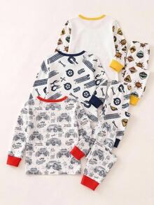 Baby Boy Random Cartoon Car Graphic Contrast Binding Pajamas Set Sleep Night White Autumn Cute Cartoon,Back To School,Halloween,Snug Fit - White - View 2