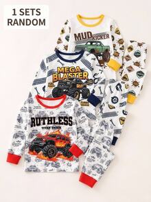 Baby Boy Random Cartoon Car Graphic Contrast Binding Pajamas Set Sleep Night White Autumn Cute Cartoon,Back To School,Halloween,Snug Fit - White - View 1