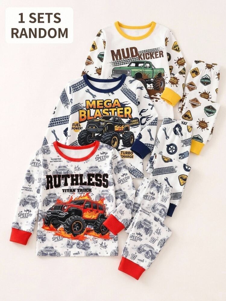 Baby Boy Random Cartoon Car Graphic Contrast Binding Pajamas Set Sleep Night White Autumn Cute Cartoon,Back To School,Halloween,Snug Fit - White - View 1