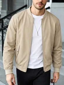 Core Aspect Men's Solid Color Long Sleeve Zipper Casual Baseball Jacket - Beige - View 1