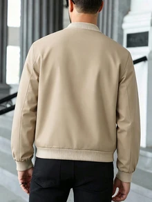 Core Aspect Men's Solid Color Long Sleeve Zipper Casual Baseball Jacket - Beige - View 2