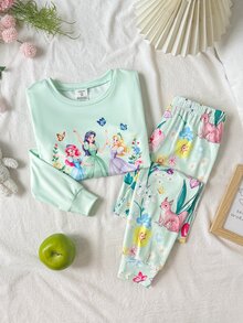 SHEIN 少女優雅公主圖案長袖長褲針織睡衣套裝，修身款，適合秋冬/四季穿著 - 彩色 - 查看 2