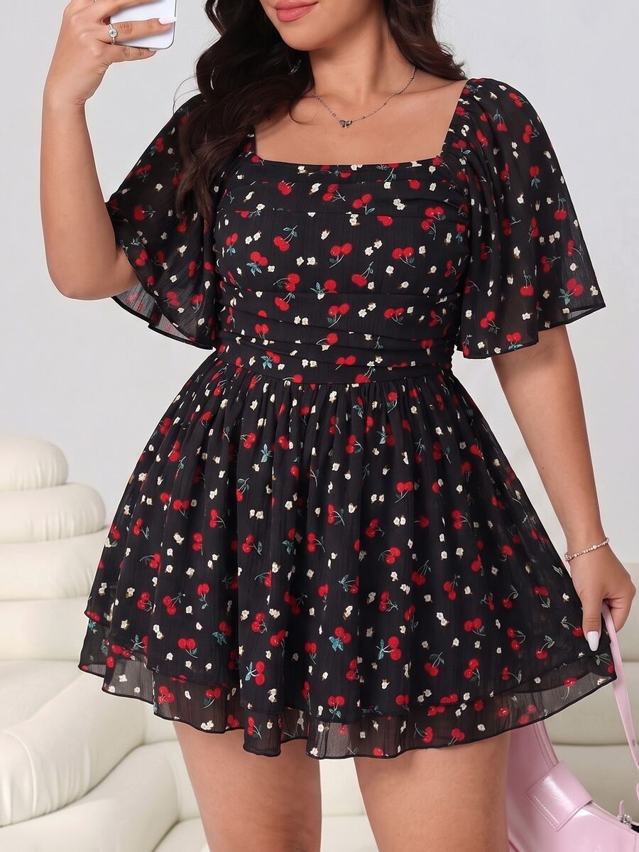 Solflare Plus Size Women Cherry Print Square Neck Ruffle Short Sleeve Jumpsuit