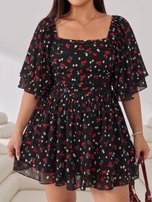 Solflare Plus Size Women Cherry Print Square Neck Ruffle Short Sleeve Jumpsuit - Multicolor - View 7