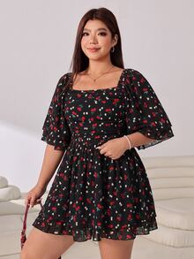 Solflare Plus Size Women Cherry Print Square Neck Ruffle Short Sleeve Jumpsuit - Multicolor - View 6
