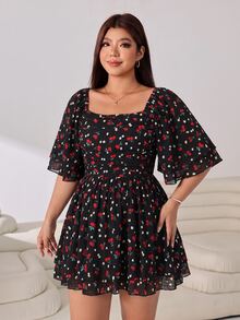 Solflare Plus Size Women Cherry Print Square Neck Ruffle Short Sleeve Jumpsuit - Multicolor - View 4