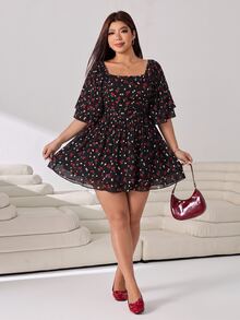 Solflare Plus Size Women Cherry Print Square Neck Ruffle Short Sleeve Jumpsuit - Multicolor - View 5