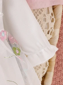 SHEIN 新生女嬰白色坑條刺繡花朵蝴蝶結拼接網紗洋裝＆髮帶 - 白色 - 查看 5
