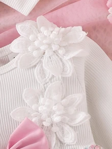 SHEIN 新生女嬰白色坑條刺繡花朵蝴蝶結拼接網紗洋裝＆髮帶 - 白色 - 查看 4
