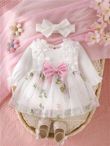 SHEIN 新生女嬰白色坑條刺繡花朵蝴蝶結拼接網紗洋裝＆髮帶 - 白色 - 查看 3