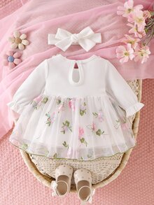 SHEIN 新生女嬰白色坑條刺繡花朵蝴蝶結拼接網紗洋裝＆髮帶 - 白色 - 查看 2