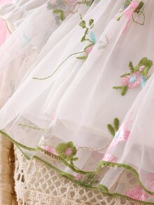 SHEIN 新生女嬰白色坑條刺繡花朵蝴蝶結拼接網紗洋裝＆髮帶 - 白色 - 查看 7