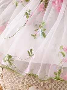 SHEIN 新生女嬰白色坑條刺繡花朵蝴蝶結拼接網紗洋裝＆髮帶 - 白色 - 查看 8