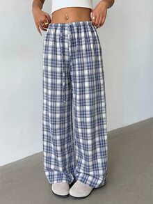 Aloruh 女士格子低腰返校百搭双色蓝色长裤 - 彩色 - 查看 5