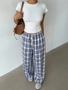 Aloruh 女士格子低腰返校百搭双色蓝色长裤 - 彩色 - 查看 3