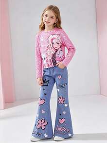 SHEIN Sparklyn 2pcs/Set Tween Girl Cat Print Long Sleeve T-Shirt & Blue Flared Pants, Cute Look - Multicolor - View 7