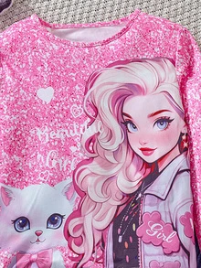SHEIN Sparklyn 2pcs/Set Tween Girl Cat Print Long Sleeve T-Shirt & Blue Flared Pants, Cute Look - Multicolor - View 3