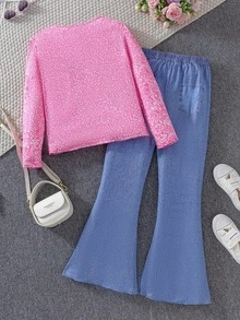 SHEIN Sparklyn 2pcs/Set Tween Girl Cat Print Long Sleeve T-Shirt & Blue Flared Pants, Cute Look - Multicolor - View 2