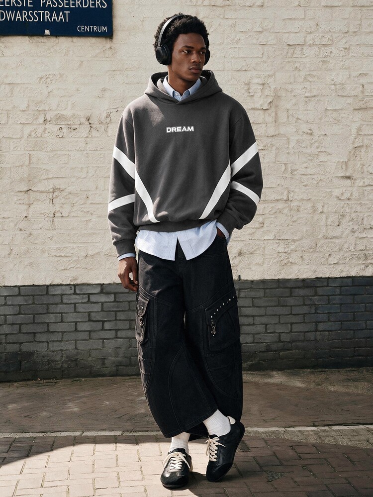 Lonveris Geometric Colorblock Letter Print Hoodie, Geometric Colorblock Captures Street Focus, Wear DREAM Dream, Express Your Cool Attitude - Dark Grey - View 4