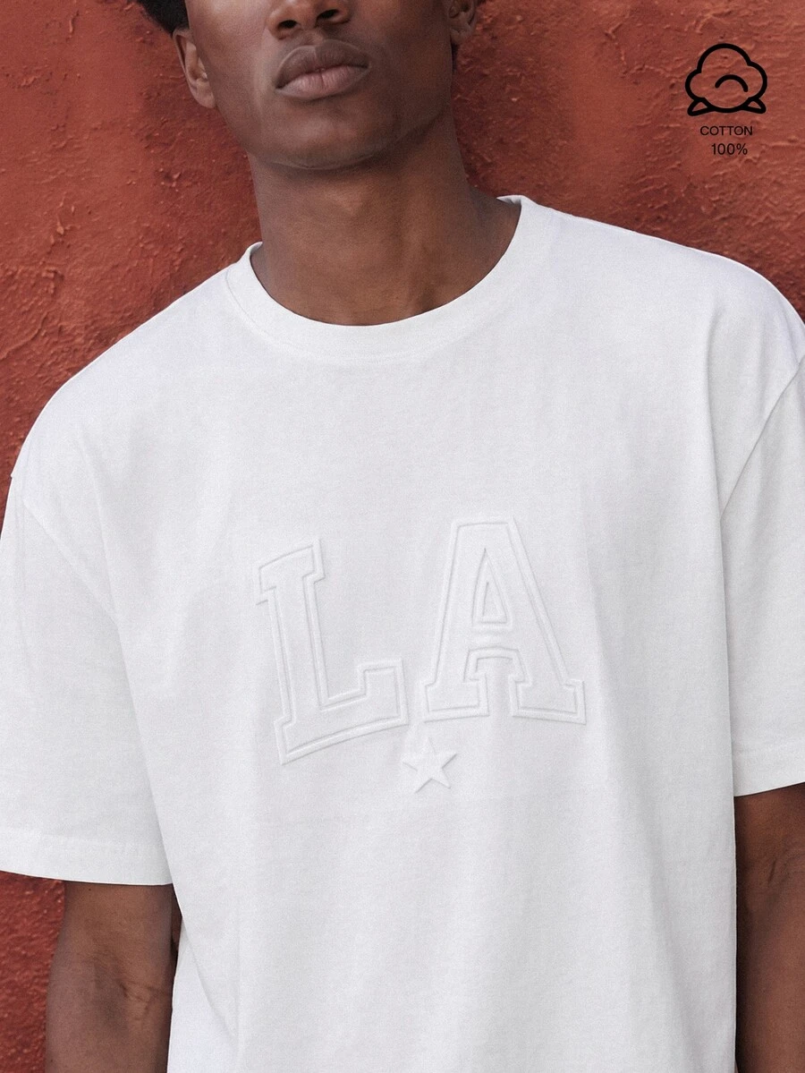 Lonveris Men's Casual Versatile 3D Embossed Crew Neck Short Sleeve T-Shirt - White - View 1