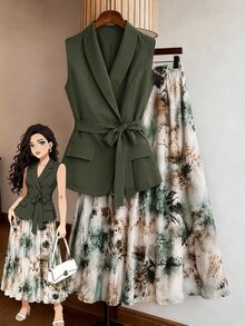 Modelyn Setelan 2 Potong Atasan Lipit Warna Polos dan Rok Tie-Dye untuk Wanita Ukuran Plus - MultiWarna - View 1