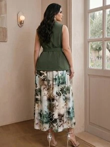 Modelyn Setelan 2 Potong Atasan Lipit Warna Polos dan Rok Tie-Dye untuk Wanita Ukuran Plus - MultiWarna - View 2